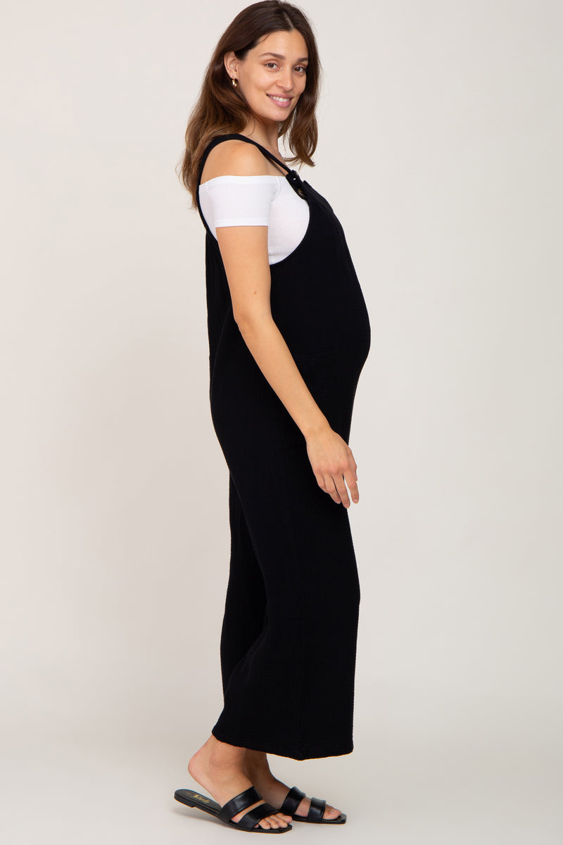 Black Gauze Wide Leg Button Front Maternity Overalls– PinkBlush