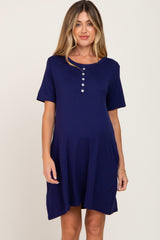 Navy Button Accent Pocketed Maternity Dress