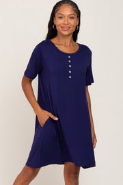 Navy Button Accent Pocketed Dress