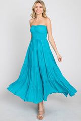 Turquoise Strapless Smocked Tiered Maxi Dress