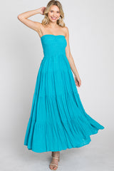 Turquoise Strapless Smocked Tiered Maxi Dress