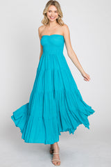 Turquoise Strapless Smocked Tiered Maxi Dress