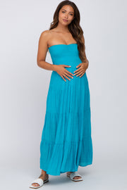 Turquoise Strapless Smocked Tiered Maternity Maxi Dress