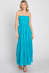 Turquoise Strapless Smocked Tiered Maxi Dress