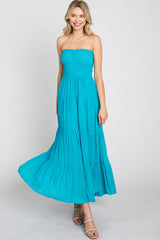 Turquoise Strapless Smocked Tiered Maxi Dress