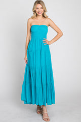 Turquoise Strapless Smocked Tiered Maxi Dress