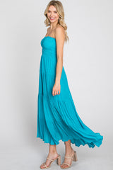 Turquoise Strapless Smocked Tiered Maxi Dress