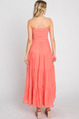 Coral Strapless Smocked Tiered Maxi Dress