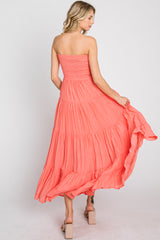 Coral Strapless Smocked Tiered Maxi Dress