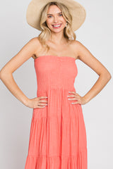 Coral Strapless Smocked Tiered Maxi Dress