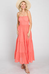 Coral Strapless Smocked Tiered Maxi Dress