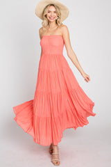 Coral Strapless Smocked Tiered Maxi Dress