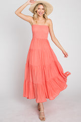 Coral Strapless Smocked Tiered Maxi Dress