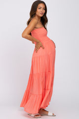 Coral Strapless Smocked Tiered Maternity Maxi Dress