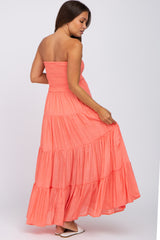 Coral Strapless Smocked Tiered Maternity Maxi Dress