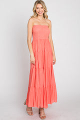 Coral Strapless Smocked Tiered Maxi Dress