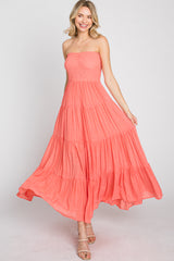 Coral Strapless Smocked Tiered Maxi Dress