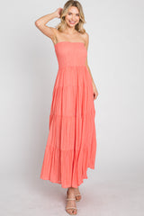 Coral Strapless Smocked Tiered Maxi Dress