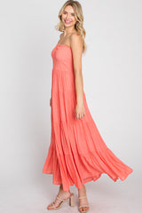 Coral Strapless Smocked Tiered Maxi Dress