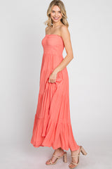 Coral Strapless Smocked Tiered Maxi Dress