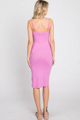 Pink Ribbed Button Midi Dress