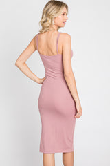 Mauve Ribbed Button Midi Dress