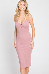 Mauve Ribbed Button Midi Dress