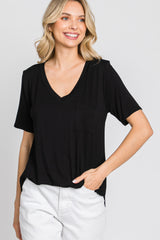 Black Pocket Front Curved Hem Top