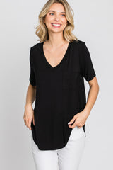 Black Pocket Front Curved Hem Top