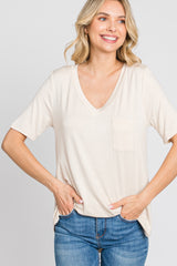 Beige Pocket Front Curved Hem Top