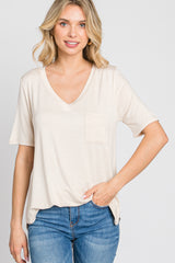 Beige Pocket Front Curved Hem Top