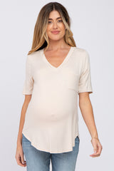 Beige Pocket Front Curved Hem Maternity Top