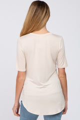 Beige Pocket Front Curved Hem Maternity Top