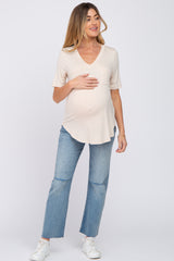 Beige Pocket Front Curved Hem Maternity Top