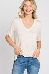 Beige Pocket Front Curved Hem Top