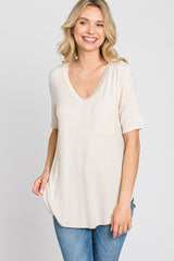 Beige Pocket Front Curved Hem Top