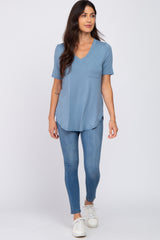 Blue Pocket Front Curved Hem Top