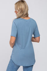 Blue Pocket Front Curved Hem Maternity Top