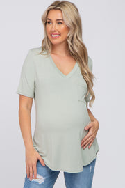 Light Olive Pocket Front Curved Hem Maternity Top