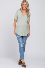 Light Olive Pocket Front Curved Hem Maternity Top