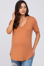 Camel Pocket Front Curved Hem Maternity Top