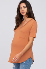 Camel Pocket Front Curved Hem Maternity Top