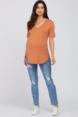 Camel Pocket Front Curved Hem Maternity Top