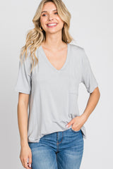 Grey Pocket Front Curved Hem Top