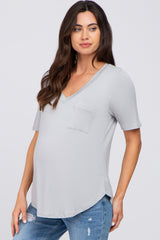 Grey Pocket Front Curved Hem Maternity Top