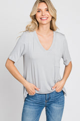 Grey Pocket Front Curved Hem Top