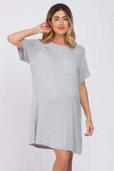 Light Grey Front Pocket Raglan Maternity Dress