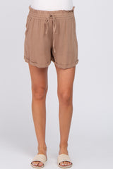 Mocha Linen Smocked Waist Maternity Shorts