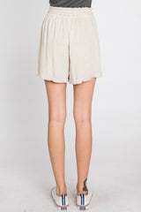 Beige Linen Smocked Waist Shorts