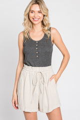 Beige Linen Smocked Waist Maternity Shorts